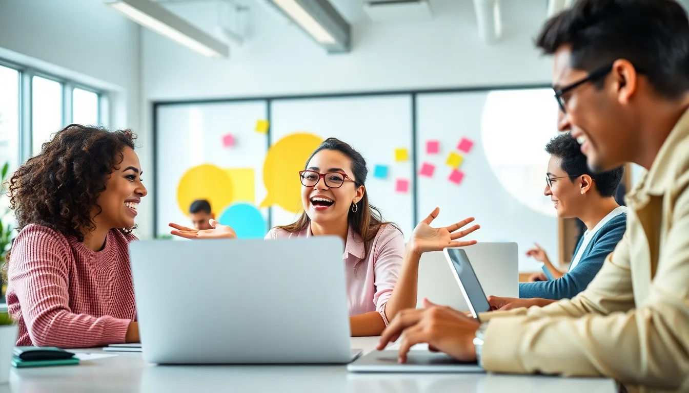 diverse team joyfully engaging in creative work at a digital office.