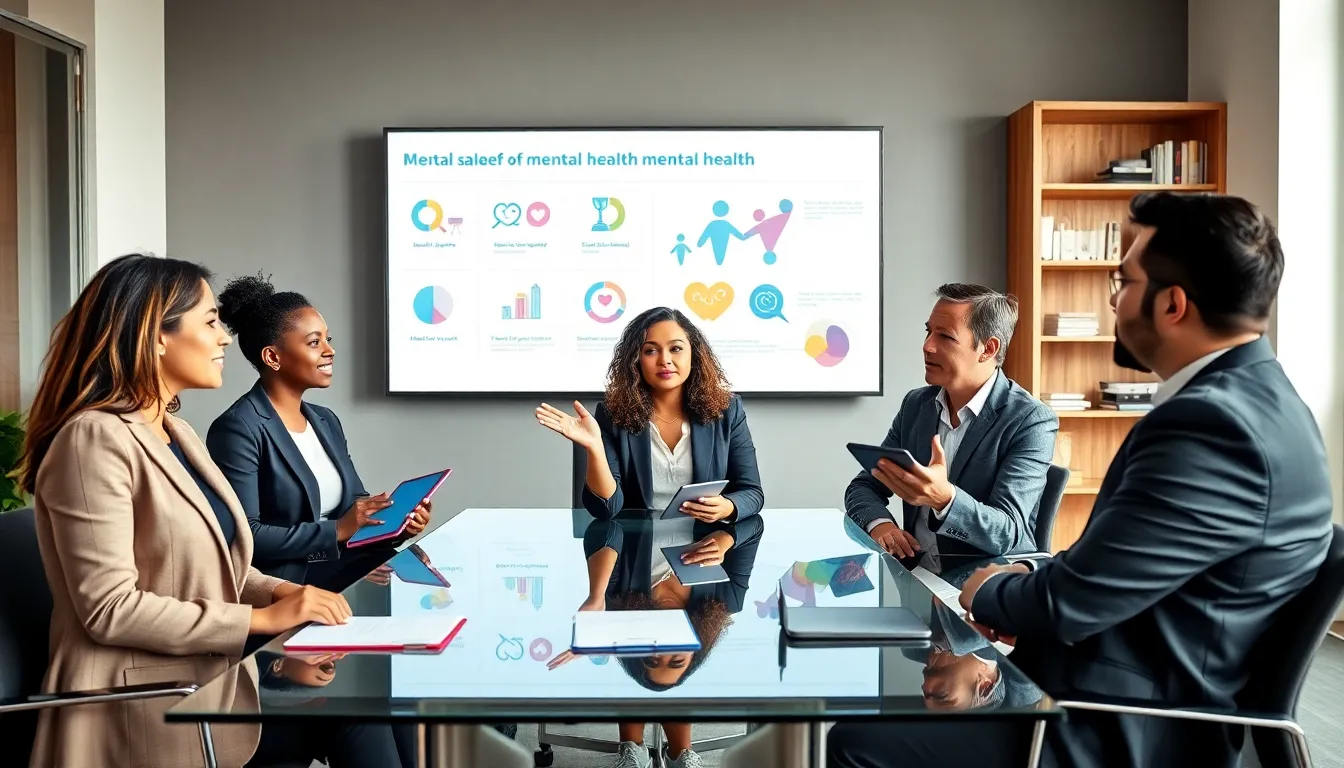 diverse team discussing mental health in a modern office.